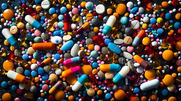 um monte de pílulas de cores diferentes estão em uma mesa