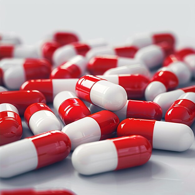 um monte de pílulas vermelhas e brancas que estão em uma mesa