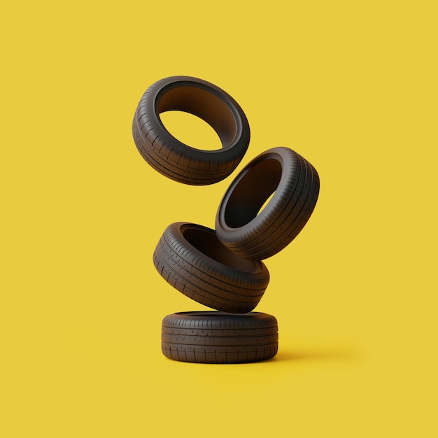 Um monte de pneus de borracha de carro em fundo amarelo Ilustração de renderização 3D