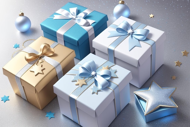 Um monte de presentes de natal com uma fita azul e branca e uma estrela no topo.