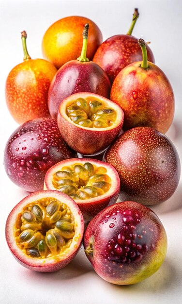 Foto um monte de romãs são mostrados com uma fruta vermelha e amarela