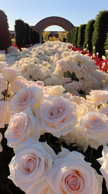 um monte de rosas brancas com a palavra nuys na parte de baixo