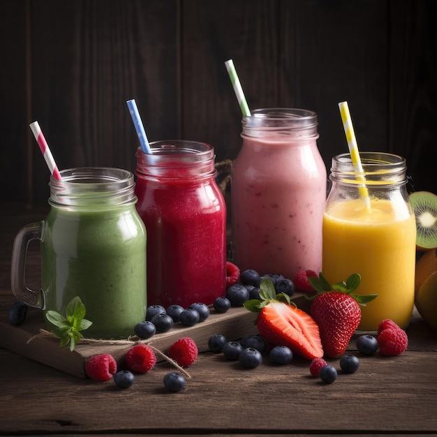 Um monte de smoothies com canudos e mirtilos em uma mesa