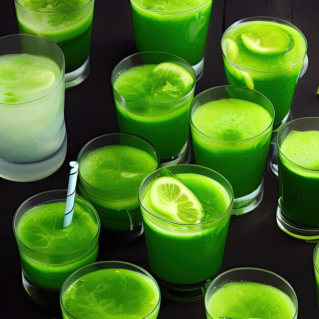 Um monte de smoothies verdes e coquetéis em uma mesa