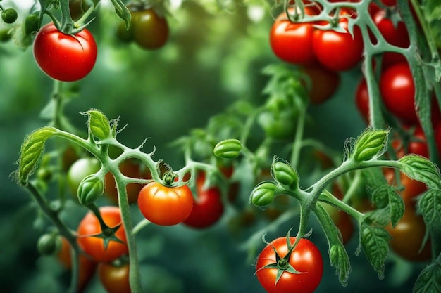 um monte de tomates cereja estão crescendo em uma videira