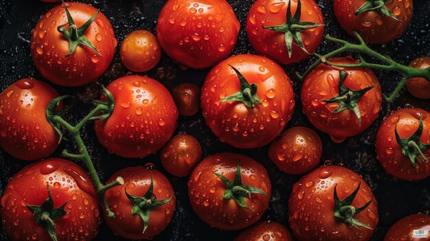 Um monte de tomates com gotas de água sobre eles