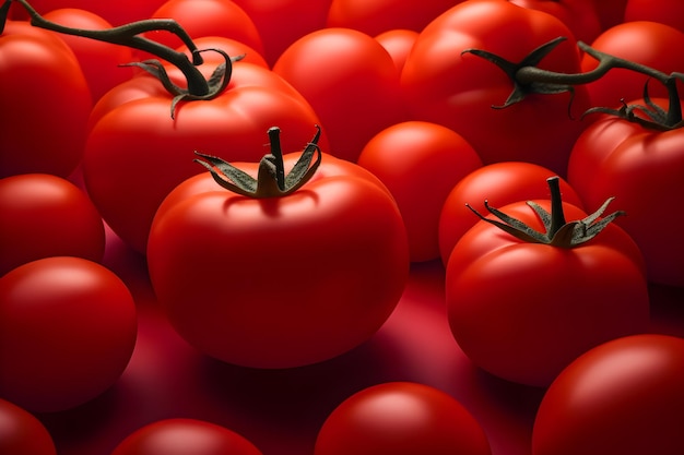 Um monte de tomates vermelhos está sobre um fundo vermelho.