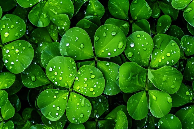 Um monte de trevos com gotas de chuva sobre eles