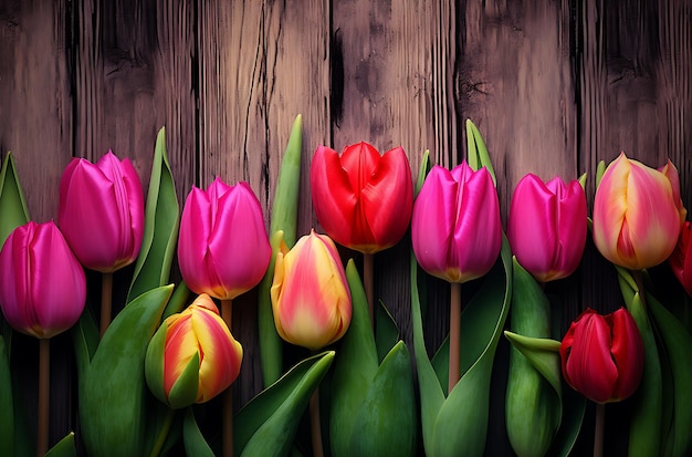 um monte de tulipas coloridas em um fundo de madeira ai generativa