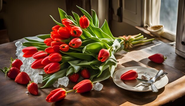 um monte de tulipas com um prato de tulipas em uma mesa