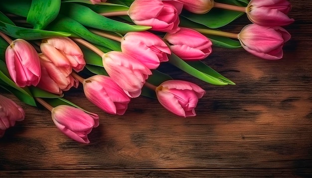 Um monte de tulipas cor de rosa em uma mesa de madeira