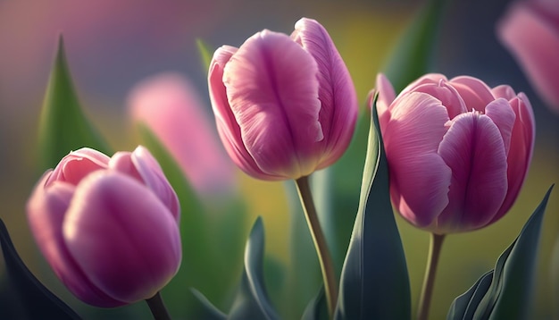 Um monte de tulipas cor de rosa estão em um vaso com o sol brilhando sobre elas