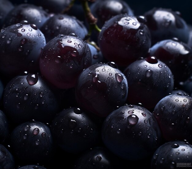 Um monte de uvas com gotas de água sobre elas