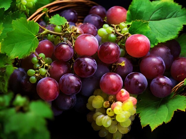 um monte de uvas com uma folha verde na parte superior