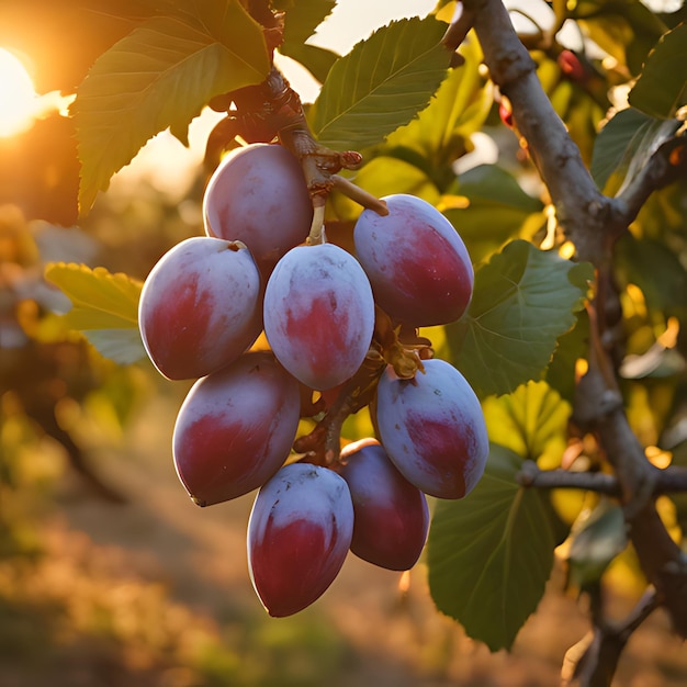 um monte de uvas que estão penduradas numa árvore