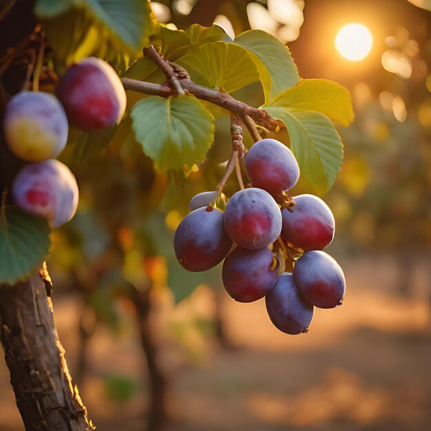 um monte de uvas roxas penduradas de uma videira