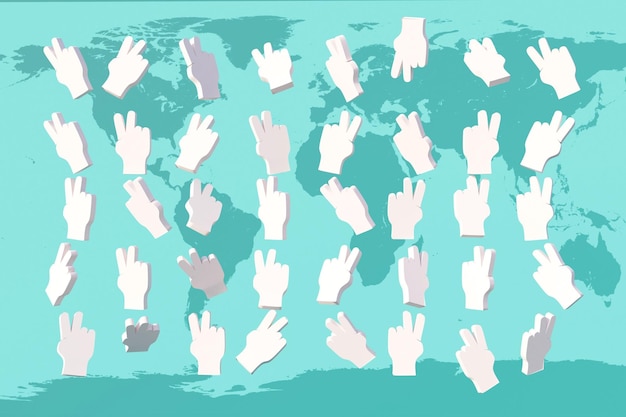 Foto um monte de v gesto de paz no fundo do mapa da terra azul 3d renderização 3d