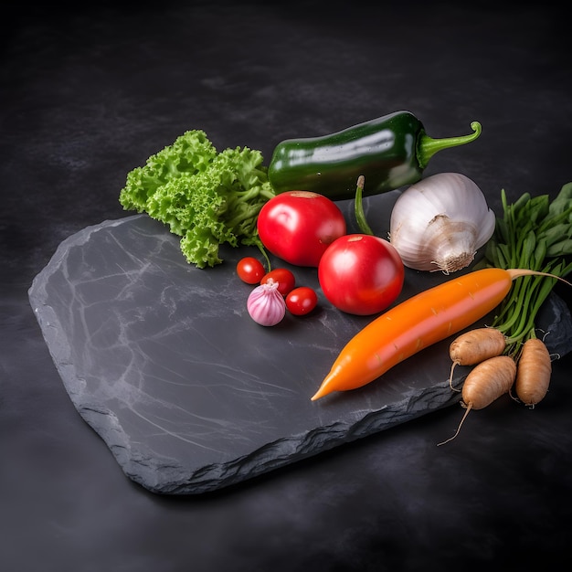 Um monte de vegetais está em uma placa preta com uma pimenta verde nele.