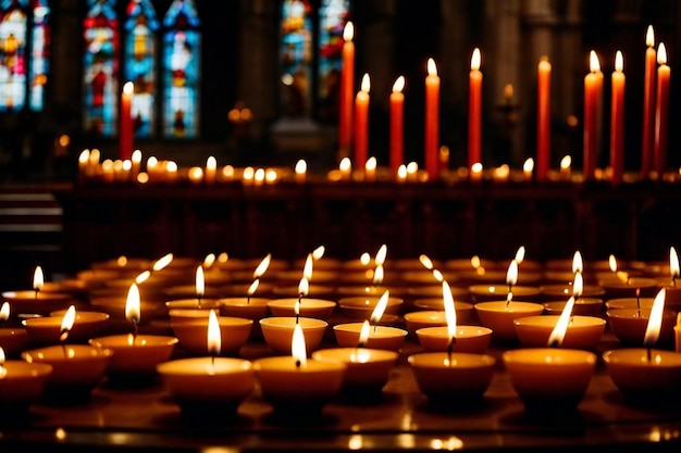 Um monte de velas que estão em uma igreja