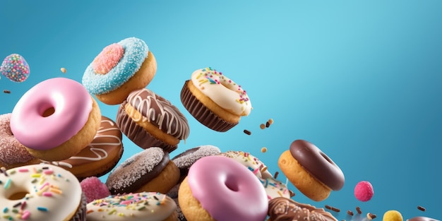 Um monte voador de donuts, macarrões e cupcakes em um fundo colorido