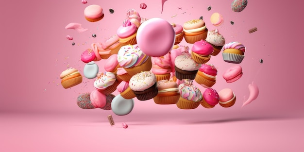 Foto um monte voador de donuts, macarrões e cupcakes em um fundo colorido