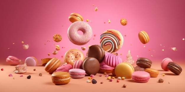 Um monte voador de donuts, macarrões e cupcakes em um fundo colorido