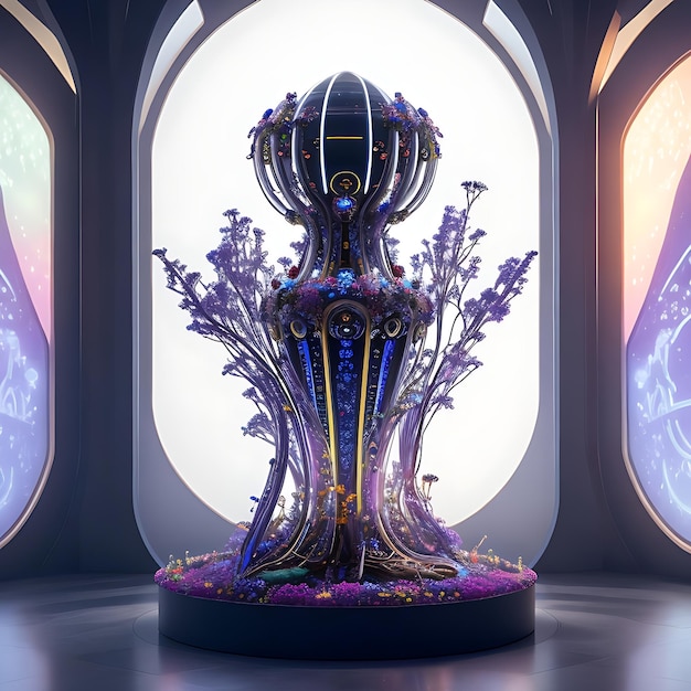 Um monumento floral alienígena em forma de vidro é exibido em um cenário semelhante a um museu