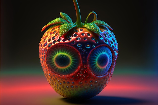 Um morango com olhos e um rosto que diz 'fruta'