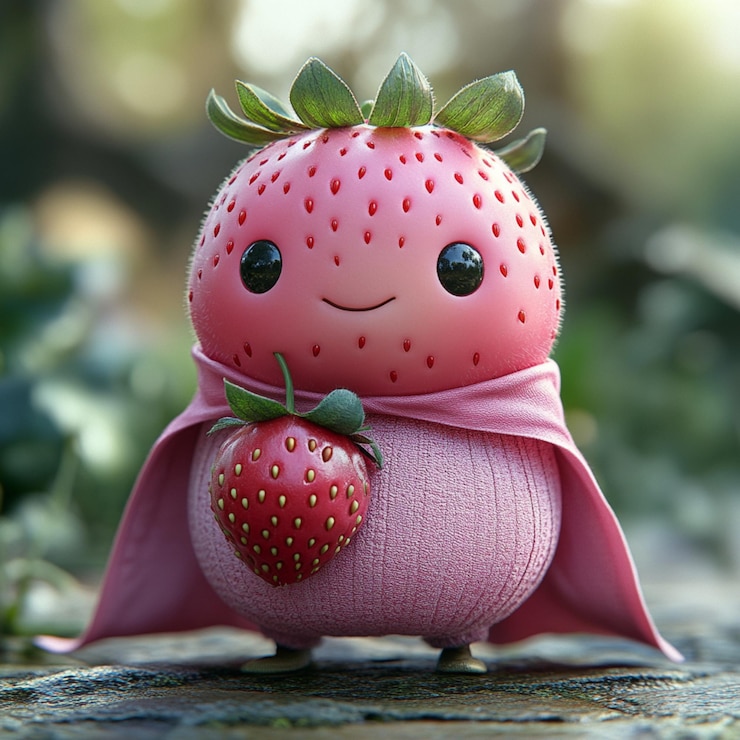 Foto um morango com um lenço rosa em cima dele senta-se em uma mesa