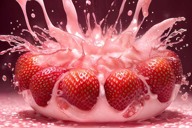 um morango está caindo em uma fotografia de banho de leite líquido rosa