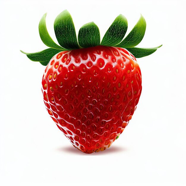 Um morango vermelho com folhas verdes nele