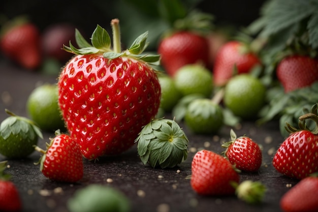 Foto um morango vermelho rubi sua superfície pontilhada com pequenas sementes