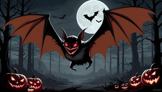 Foto um morcego assustador a voar na noite de halloween.