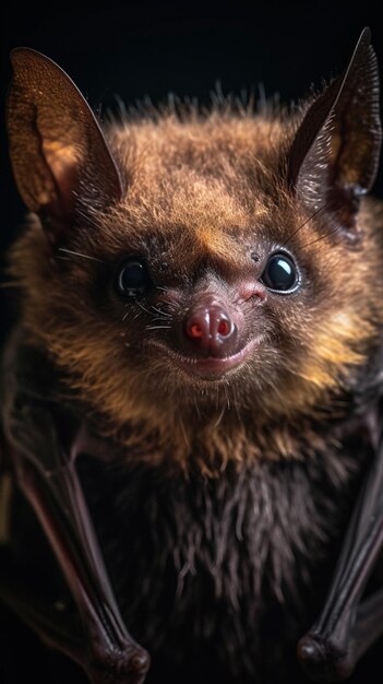 Um morcego com um nariz vermelho senta-se em um fundo preto.