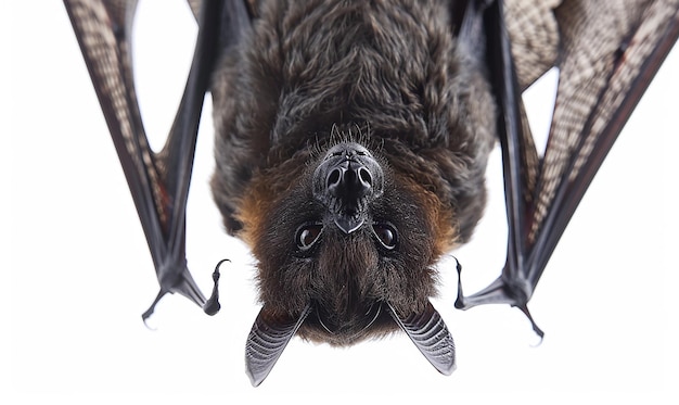 Foto um morcego com um rosto em seu rosto e a cauda está de cabeça para baixo