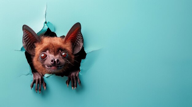 Um morcego engraçado olha através de um buraco rasgado em um fundo de papel de cor pastel vibrante