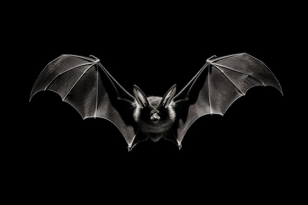 Foto um morcego está voando no escuro.