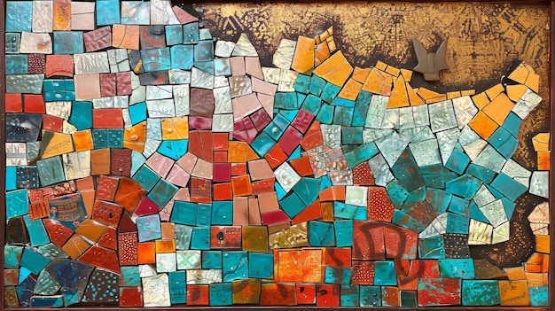 um mosaico colorido com telhas azuis vermelhas e laranjas contra um fundo dourado criando