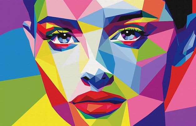 um mosaico colorido do rosto de uma mulher com um fundo colorido