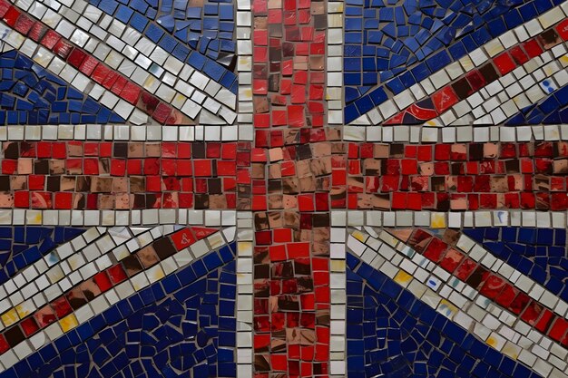 Um mosaico da bandeira britânica é feito com pequenos pedaços de vidro.