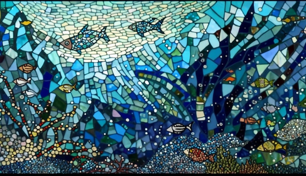 Um mosaico de peixes e vida marinha.