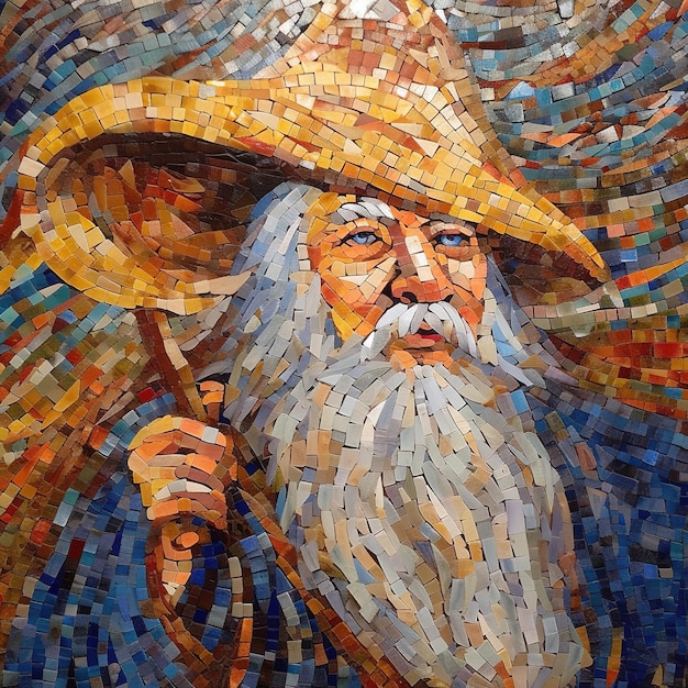 Um mosaico de um homem com uma longa barba branca e um chapéu