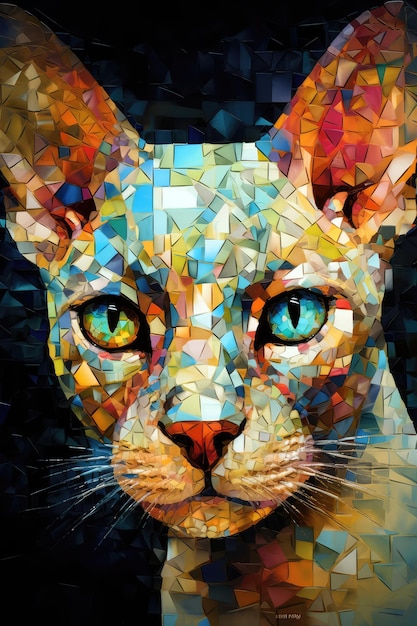 Um mosaico do rosto de um gato com as cores do espectro.