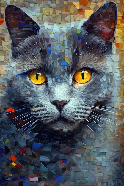 Um mosaico do rosto de um gato com olhos amarelos.