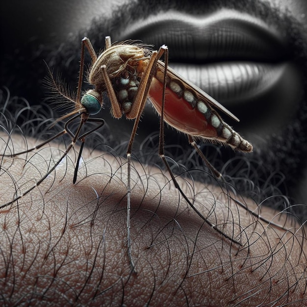 Foto um mosquito atordoador em cima da pele humana a desenhar sangue.