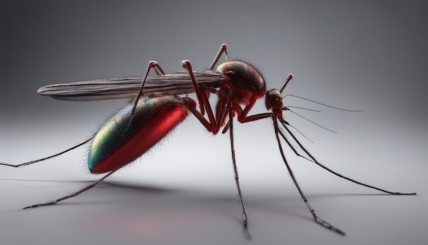 Um mosquito iridescente vermelho em close-up