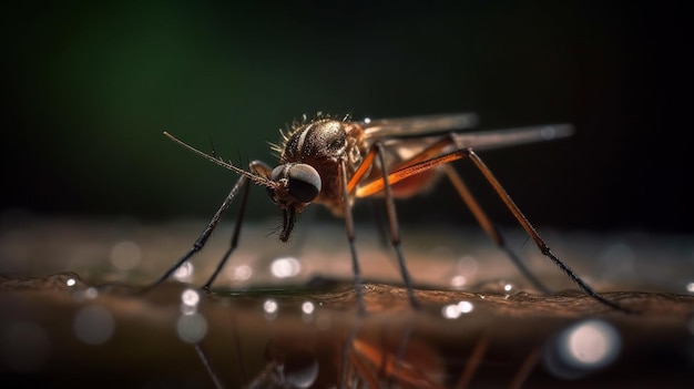 Um mosquito pousa em uma superfície com água.