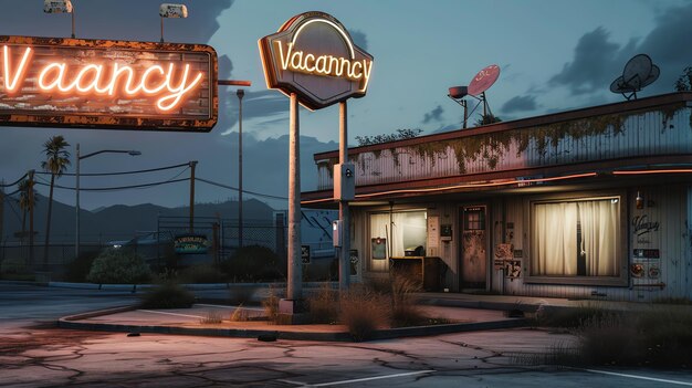 Um motel retro com um sinal de vacância no deserto à noite O motel está em estado de deterioração com ervas daninhas e um estacionamento rachado