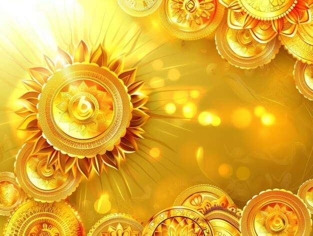 Foto um motivo de sol radiante simbólico de crescimento e prosperidade adorna esta saudação de akshaya tritiya complementada por um brilho dourado