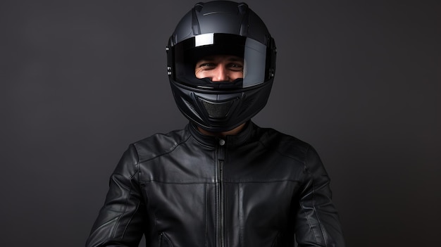 Um motociclista bonito posando com um capacete preto.
